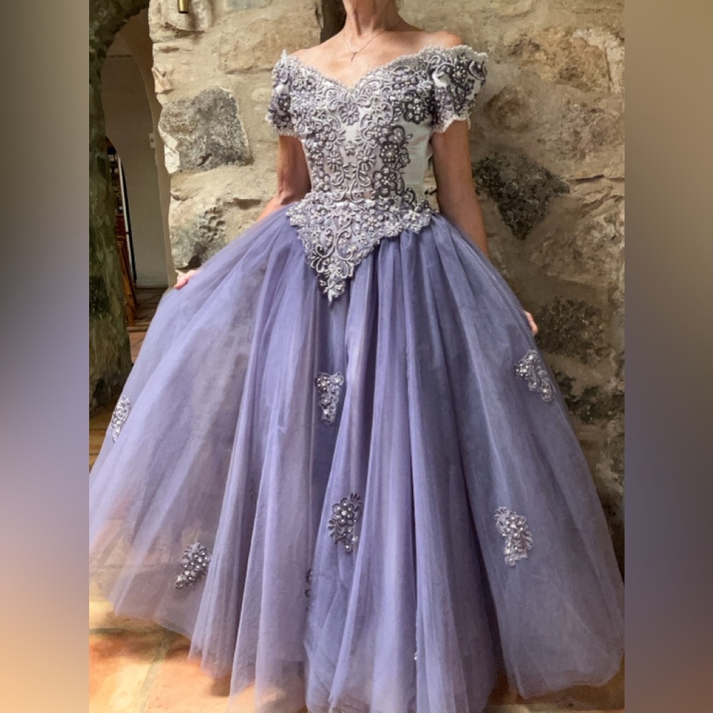 Lavender Off-Shoulder Pearl-embroidered Quinceañera Gown